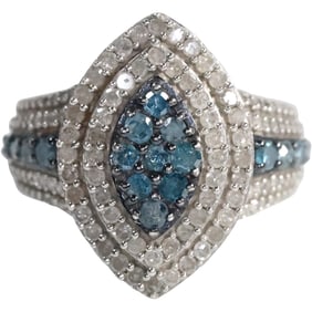 Stunning SJD .925 Sterling Silver Blue and White Diamonds Cocktail Ring Size 6.25