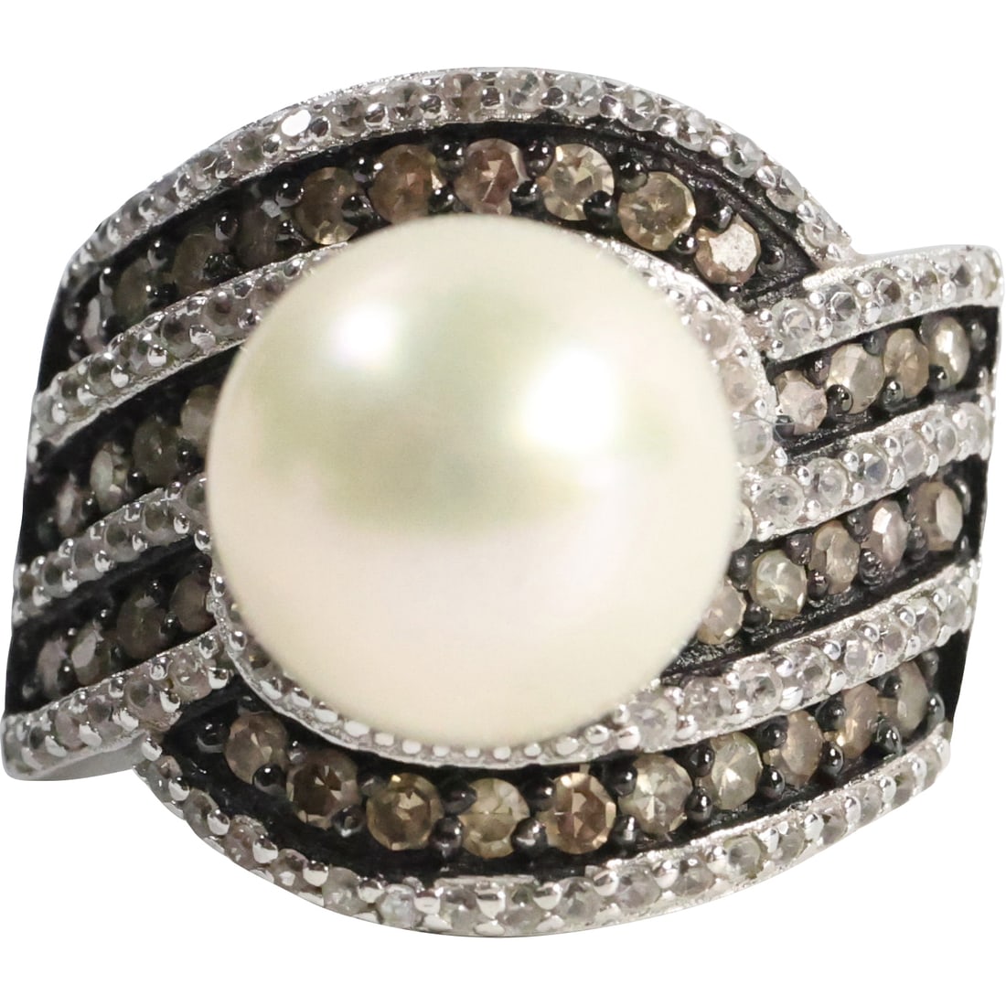 BBJ .925 Sterling Silver Freshwater Pearl with Diamonds Surrounding Lg. Cocktail Ring Size 6 (1 of 20)
