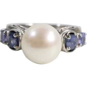 BBJ .925 Sterling Silver Freshwater Cultured Pearl Flanked by 2 Tanzanites on Sides Ring Size 6.25