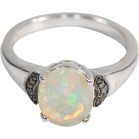 MCGI .925 Sterling Silver with Opal Stone and 6 Side Diamonds Ring Size 6 , 3/4 in. x 3/8 in.