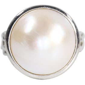 .925 Sterling Silver Freshwater Cultured Pearl with Braided Design Band Ring Size 5 , 3/4 in. dia.