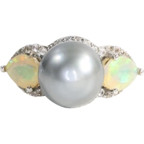 33J .925 Sterling Silver Genuine Tahitian Pearl with Yellow Opals and White Topaz Ring Size 6
