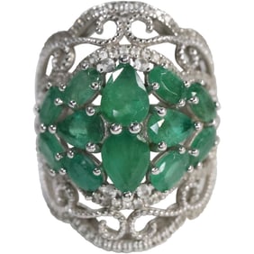 .925 Sterling Silver SNJ Emerald and White Topaz Cocktail Ring Size 6 , 1 in. x 1 in.