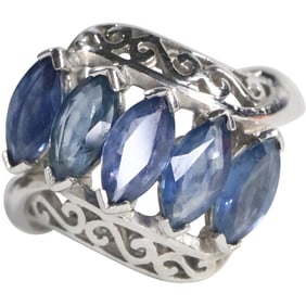 BBJ .925 Sterling Silver with 5 Blue Sapphires Evening Ring Size 5.5 ,  3/4 in. dia.