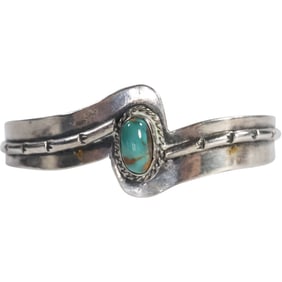 Unsigned Native American Indian Navajo Cuff Bracelet with Turquoise Stone 2 1/2 in. x 2 in. x 1 in.