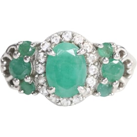 MCGI.925 Sterling Silver with 7 Emeralds Surrounded by White Topaz Ring Size 6