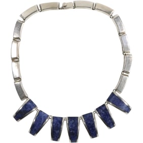 .925 Sterling Silver, 51.9 grams total weight, Mexico, Lapis 7-Triangular Pendant Links Necklace