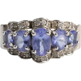 Stunning BBJ .925 Sterling Silver Tanzanite with White Topaz Ring Size 6 , 3/4 in. x 3/8 in.