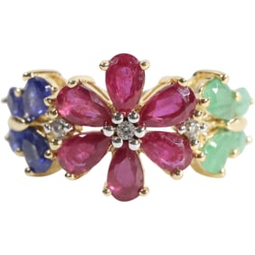 Stunning Quality MCGI .925 Sterling Silver Center Flower Rubies with Diamond Center Ring Size 6