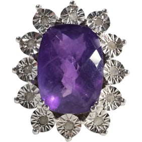 .925 Sterling Silver "Y"  Purple Spinel Stone Faceted with 12 Diamonds Surrounding Ring Size 5