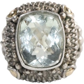 .925 Sterling and 18K Gold BA Aquamarine Beading Design Surrounding Stone Ring Size 6