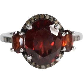 DK .925 Sterling Silver 3-Granet Stones Surrounded by 24 Diamonds Ring Size 6 , 3/4 in. x 1/2 in.