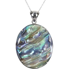 BBI .925 Sterling Silver Double Sided Pendant Abalone & Turquoise Pendant Necklace .925 Chain 24 in.