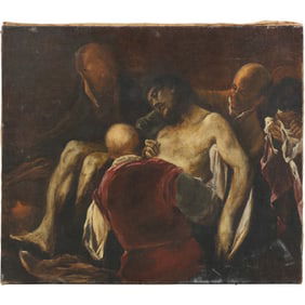 after Luca Giordano "The Entombment of Christ" Oil on Canvas Painting, Fine Arts Stamp on Verso