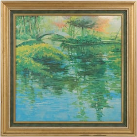 Ray (Raimondo J) Vinella (1933 - 2019) Giclee on Canvas, Arched Walk Bridge Over Stream Landscape