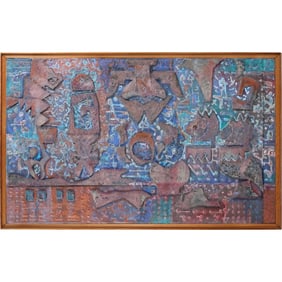 Susan F Reingold, Forest Hills NY, Vintage Dimensional Abstract Composition Mixed Media Painting