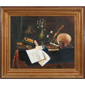 Signed T Voripe, 20th C. Oil on Canvas Painting Table Top Still Life Books, Sheet Music, Violin