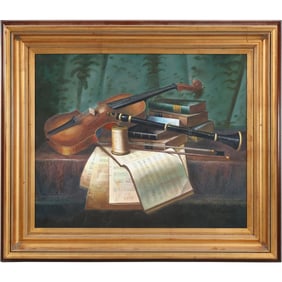 Signed T. Voripe, 20th-Century Oil on Canvas Still Life of Violin, Books, and Sheet Music