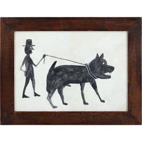 Manner of Bill Traylor, Unsigned, Folk Art Americana Man and Dog Painting in Black Ink