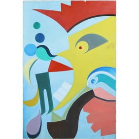 Large Oil on Canvas Painting Pop-Art Rooster, Hen and Mouse - Colorful