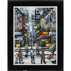 Mid-Century Modern Thailand 9 Dragons Market Giclée on Canvas, Framed