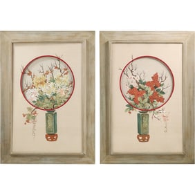 Pair Fine Japanese Watercolor Paintings on Fabric Still LIfe Flowers in Vase