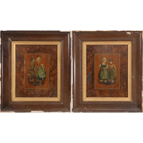 Pair 19th C. Dutch Boy and Girl Oil Paintings on Wood Panels Framed