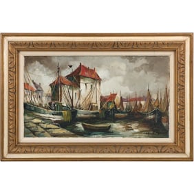 Signed CR Ronveaux, Mid-Century Modern "Belgian Harbor" Oil on Canvas Painting, Framed
