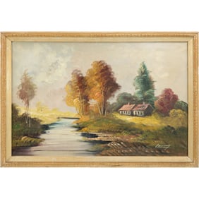 Signed Lannoy, Belgium, Landscape Oil on Canvas Painting Stream with Cottages, Gallery Label