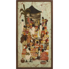 Haitian Painting on Fabric – Framed Gathering of Figures with Offerings
