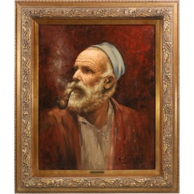 Aristodemo Baigler (Born 1928), Oil on Canvas Painting Bearded Man Smoking a Pipe