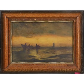 19th-Century American School Hudson River Painting – Figures on a Boat at Nocturnal Sunset
