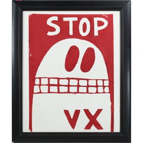 Wayne Cunningham, American, Abstract Red Oil on Paper "STOP VX", Signed, Framed