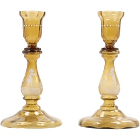 Pair of Mary Gregory Hand-Enameled Amber Glass Candlesticks