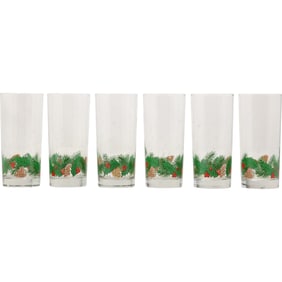 Set of 6 Libbey Pine Cone Holly Holiday Highball Cocktail Glasses Barware