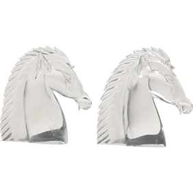 Pair Large Swedish Crystal Art Glass Horse Head Statues / Bookends 10.5 in. height x 10 in.
