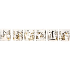 Set of 6 Mid Century Modern Industrial Factory Motif Whiskey Cocktail Glasses Barware