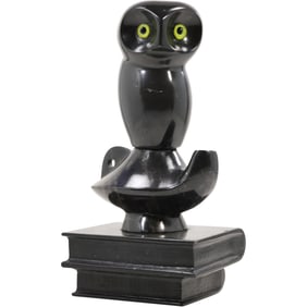 Carved and Polished Black Marble "Library Owl" Sculpture (Owl on Library Books)