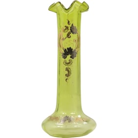 Bohemian Enameled Victorian Moser Style Green Glass Vase with Ruffled Rim