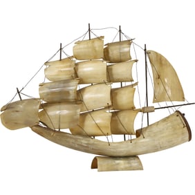 Antique Folk Art Horn Full Sail Ship Model Sculpture