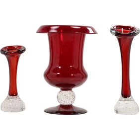 Set of 3 Pairpoint Ruby Glass Vases with Controlled Bubble Clear Ball Bases