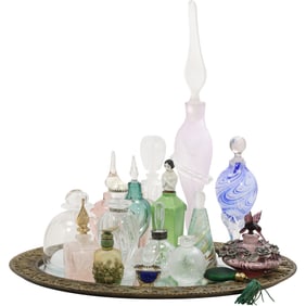 Set of 16 Assorted Vintage Perfume Bottles on a Mirrored Dresser Tray