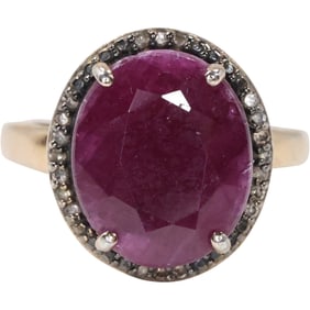 BBJ .925 Sterling Silver Genuine Ruby Surrounded by Diamonds Ring Size 6 , 3/4 in. x 5/8 in.