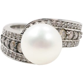 BBJ 925 Freshwater Pearl Surrounded by Diamonds 3-Rows of Channeling Ring Size 6