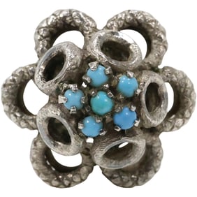 unsigned Sterling Silver and Turquoise Brutalist Ring Size 6.75 , 1 in. diam.