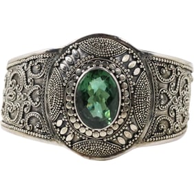 .925 Sterling Silver, 36.7 grams, Stunning Hand Tooled & Scrolled Cuff Bracelet Green Tourmaline