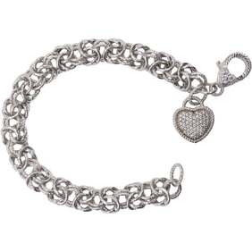 .925 Sterling Silver, 19.9 grams, CZ Judith Ripka Large Circles Intertwined Bracelet, Heart Charm