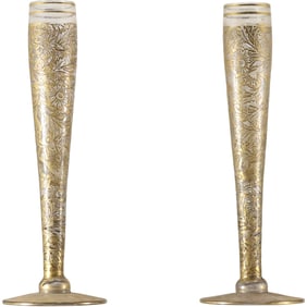 Pair of Silver and Gold Tone Overlay Bud Vases with Ornate Floral Design
