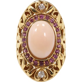 .925 MLD Sterling Silver Vermeil Pink Coral Center Stone Ring Size 6 with Purple Amethyst , 2 White