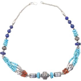 Unsigned Native American Sterling , Turquoise, Lapis and Coral Beads Necklace 19 1/4 in. x 3/4 in.
